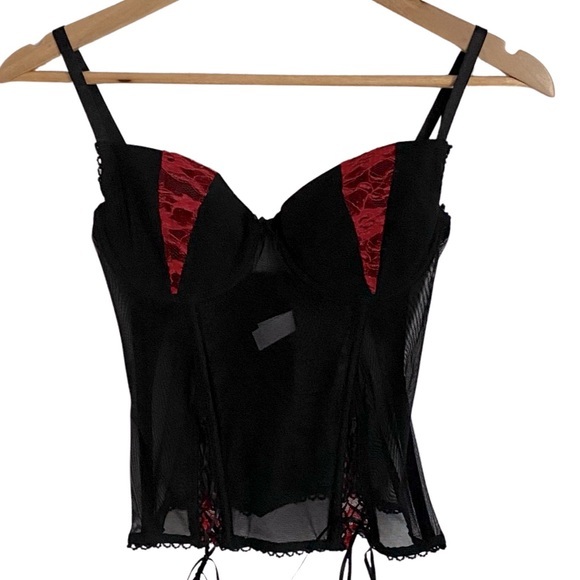 JOLIE BLACK AND RED BUSTIER CORSET MESH AND LACE TOP SIZE MEDIUM - Picture 1 of 7